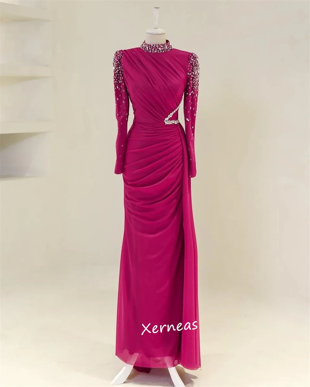 Customized Jersey Rhinestone Pleat High Collar Trumpet Long Dresses Bespoke Occasion Women Luxury Evening Gorgeous Elegant