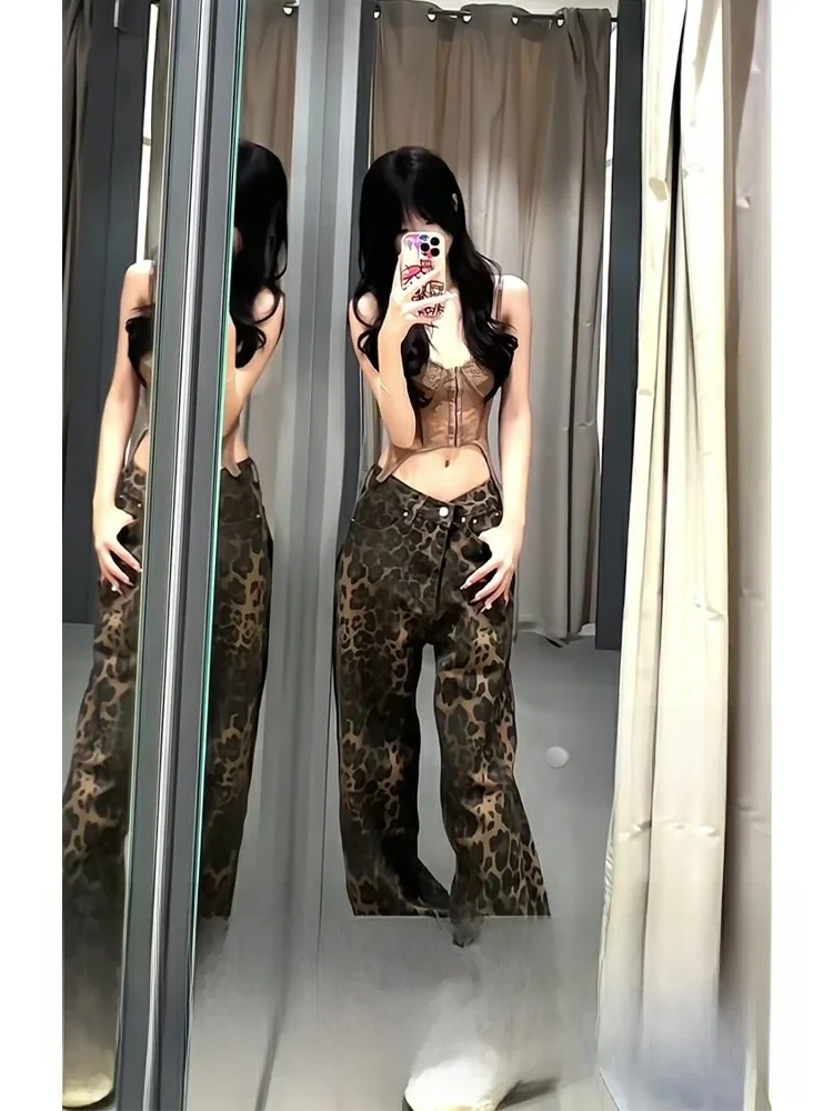 

High Waist plus Size American Style Leopard Print Jeans Women's Summer Vintage Straight Leg Loose Wide Leg Long Trousers