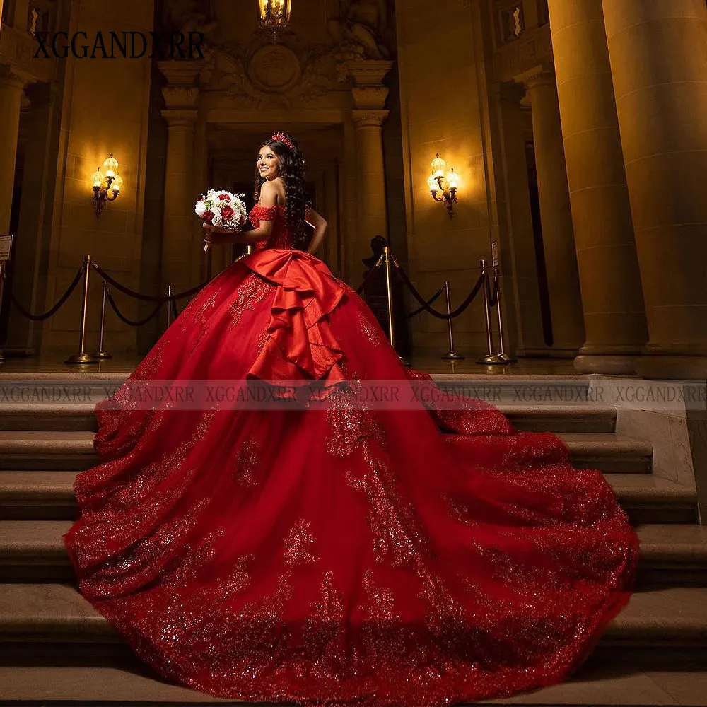 Vestido De quinceañera De tren largo De princesa roja, vestido De baile con hombros descubiertos, corsé, desfile, dulce 15, fiesta, Años XV, 2024