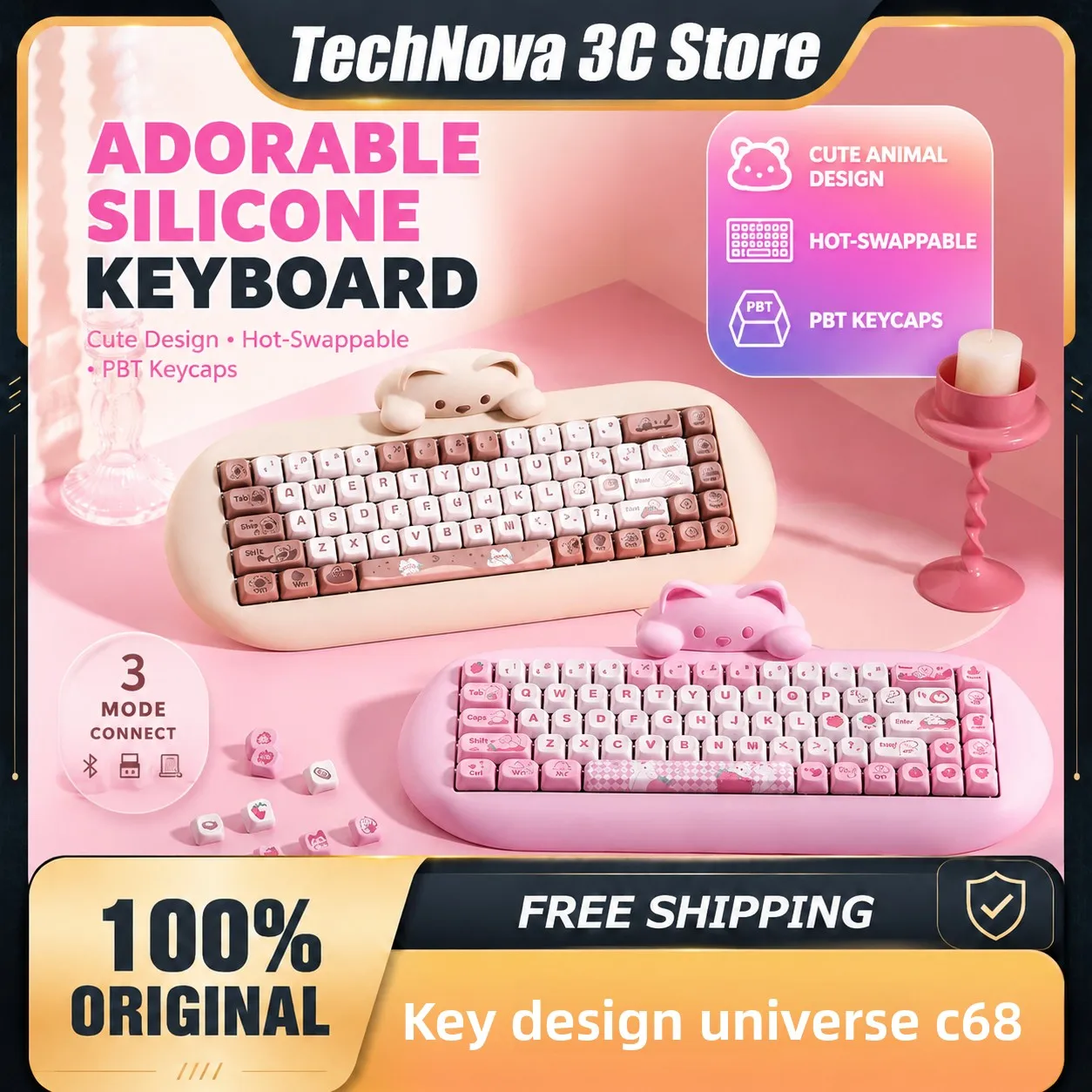 KeysUniverse C68 Cute Cat Silicone Keys Mechanical Keyboard Three-Mode Bluetooth Customized Aesthetic Office Keyboard for Women