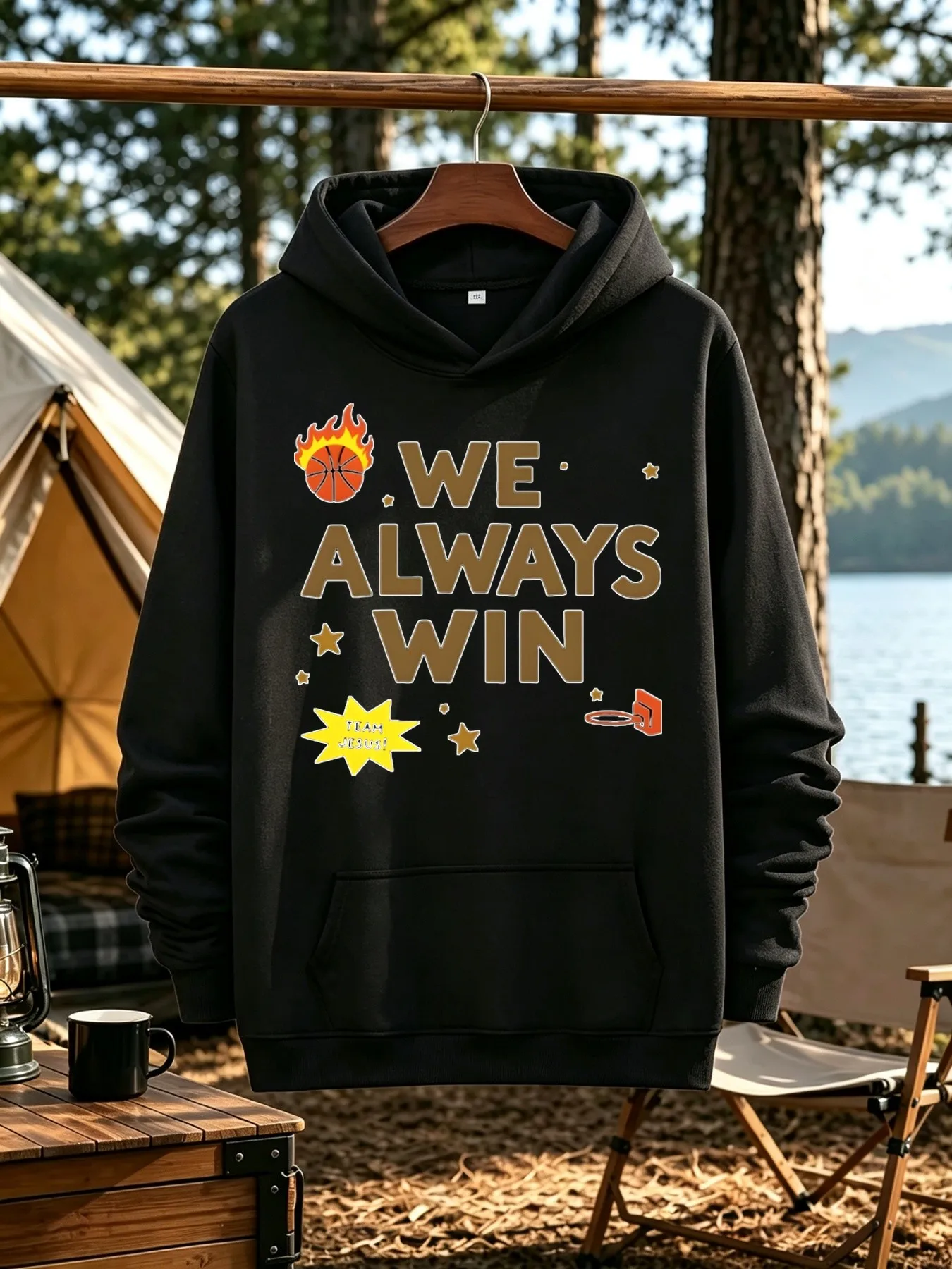 Men's Crew Neck Sweater, Casual Everyday Wear, Basketball Pattern Top, We Always Win, Printed Pullover, Loose Version Long Sleeve Top, Perfect for Basketball Games, Sports Events, and Weekend Parties