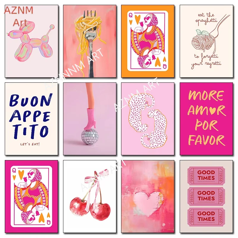 Rosa Pasta-Herz Kirschen Poster Spielkarten Blumen Abstrakte Gesichter Leinwanddruck Minimalismus für Wohnzimmer Heimdekoration