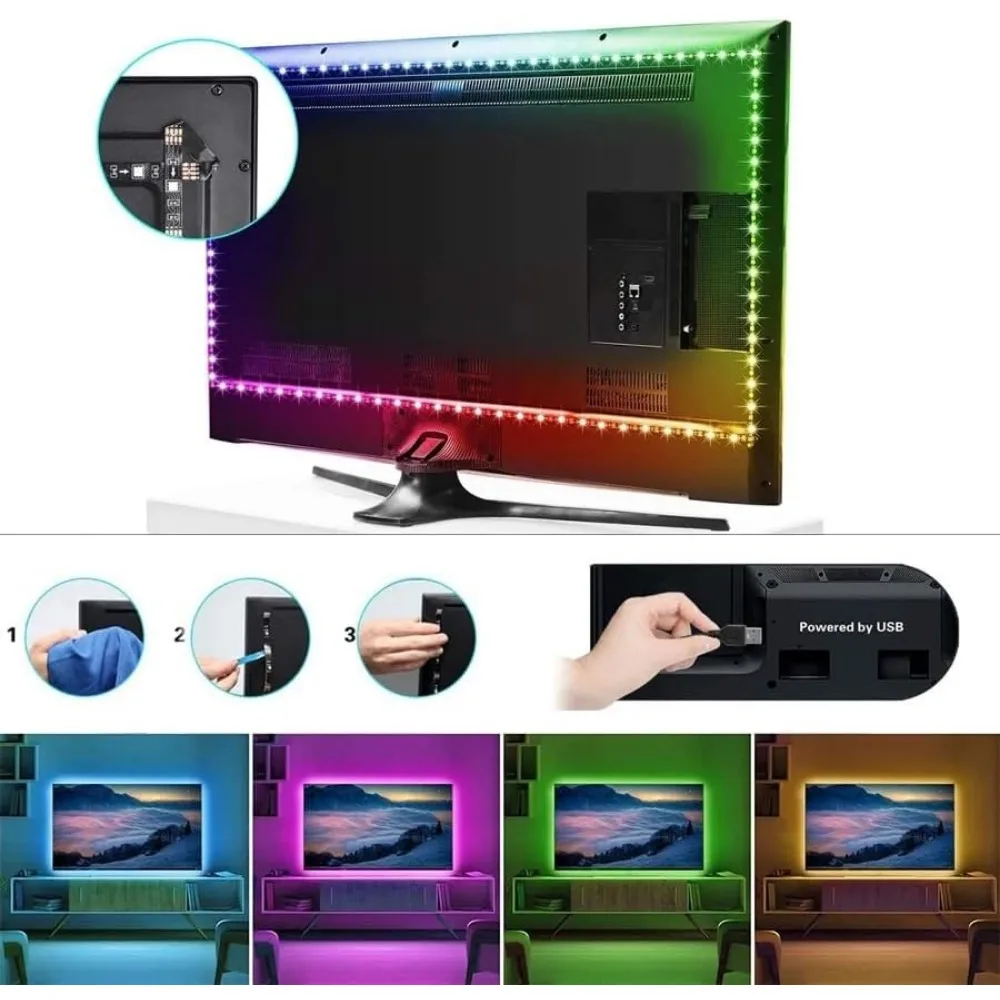 Luz de fundo de TV LED, luz de tira LED USB, kit de faixa de luz LED multicolorida RGB 18 LED para iluminação de viés de TV/PC/laptop (3,28 pés)