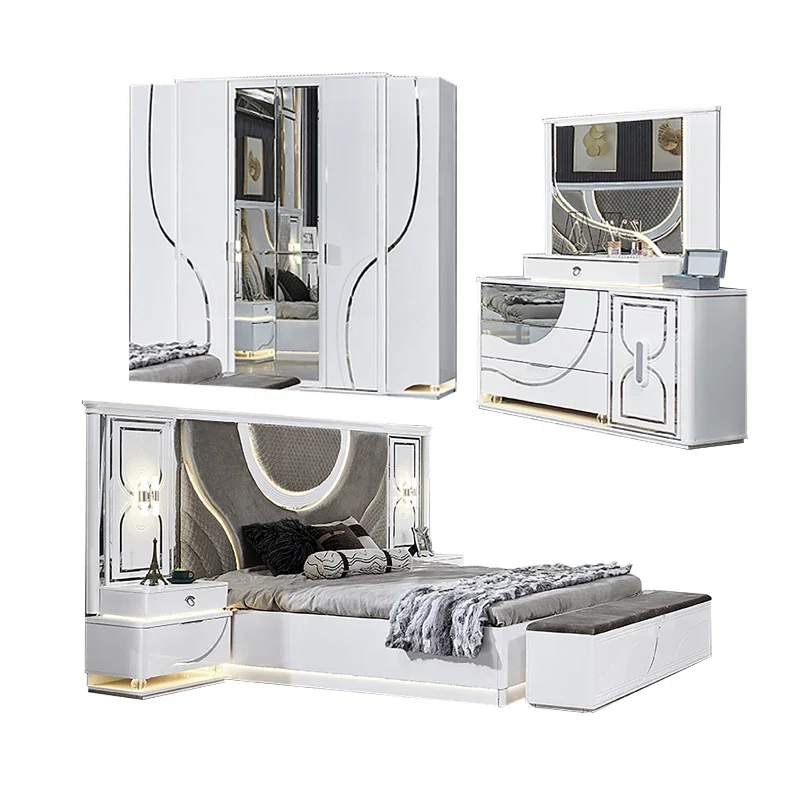 z White Modern Home Wooden Frame King Size Bed Double Lighted Headboard Wood Full Luxury Bedroom Sets Furniture