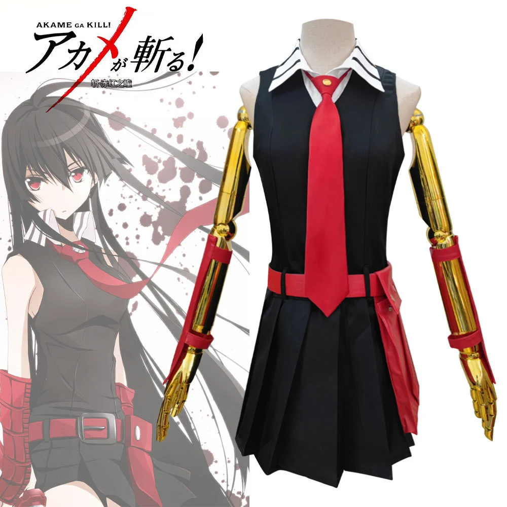 

High Quality Anime Akame ga KILL! Akame Men Women Cool Suit Uniform Cosplay Halloween Costume Black Sleeveless Dress Outfit