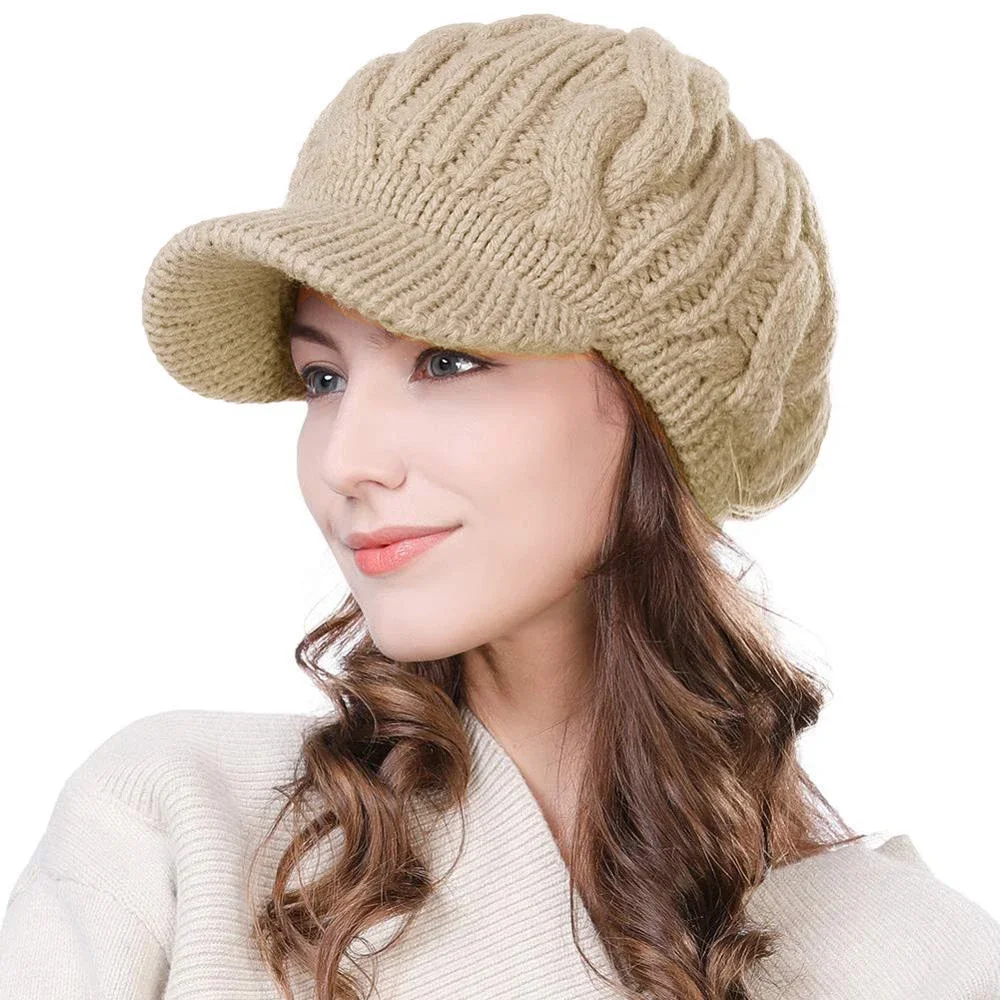 Women's Wool Knitted Acrylic Fibres Visor Beanie Winter Hat for Women Newsboy Cap Warm Soft Lined