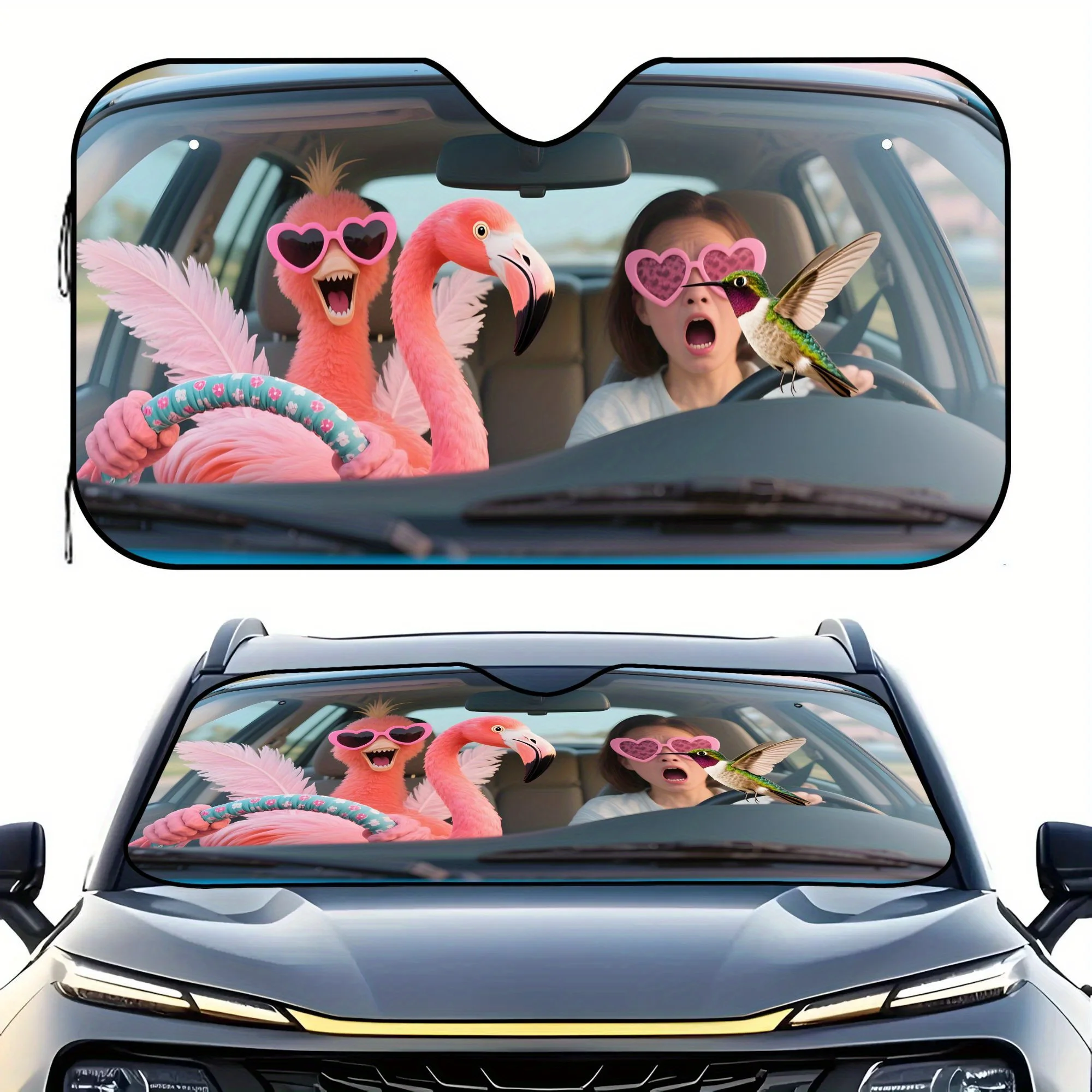 1pc Flamingo & Fashion Glasses Car Sun Visor - UV-Resistant Front Shade With Pink Flamingo Design, Easy Install For Most, Trucks