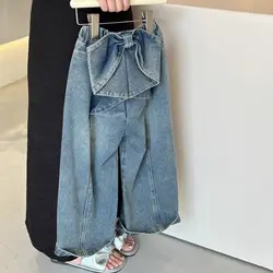 2-12Years Toddler Kids Wide Leg Denim Pants for Girls Cute Loose Jeans with Bow Infant Fall Trousers 2 3 4 5 6 7 8 9 10 11