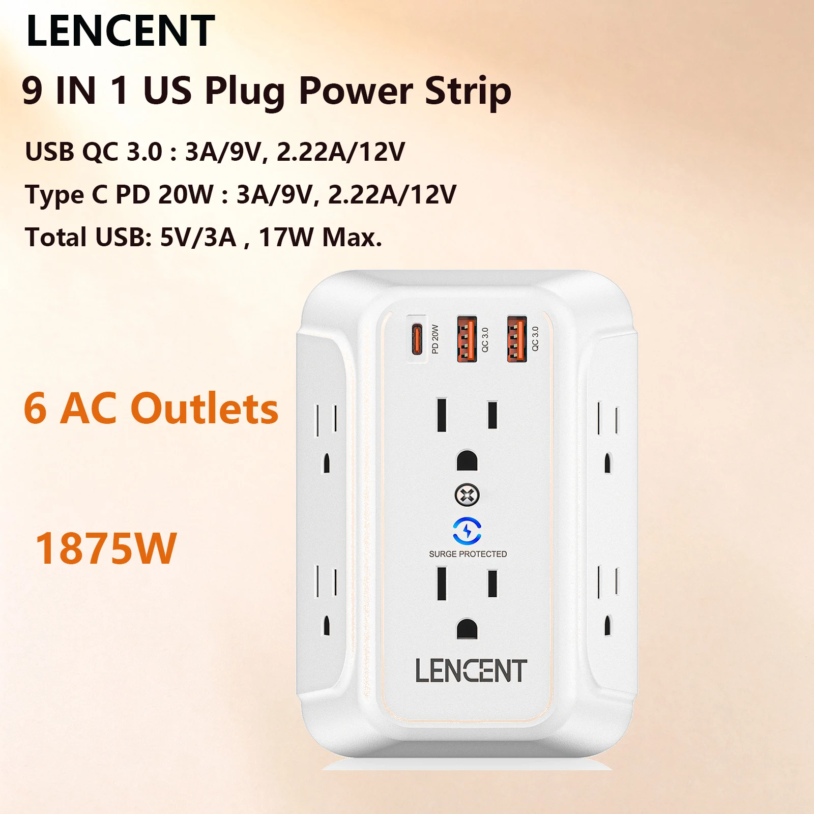LENCENT 9 IN 1 US Plug Power Strip with 6 Outlets 2USB-A+1Type-C Mutie Outlet Extender with Grounded Plug for Home Office