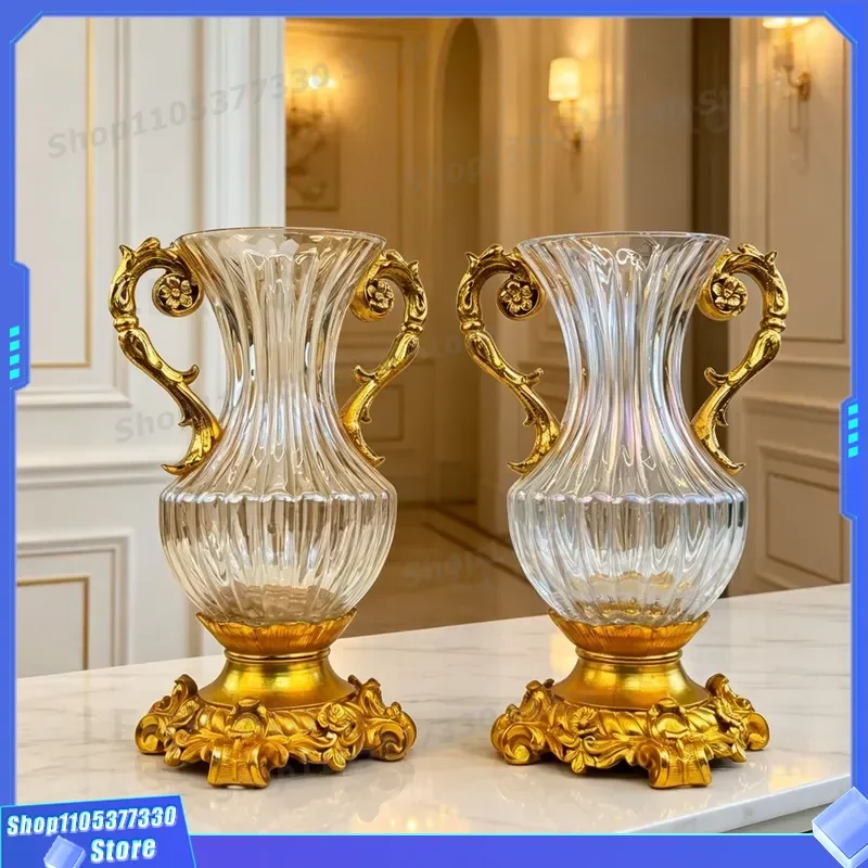 Luxury Gold Plated Glass Vase European Style Binaural Flower Arrangement Home Decor American Light Luxury High End Decoration