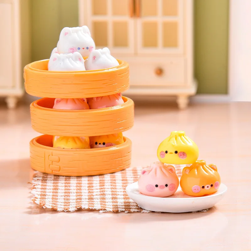 6PCS Kawaii Miniature Steamed Bun Resin Figurines Cute Xiaolongbao Food Dollhouse DIY Accessories Desktop Decoration