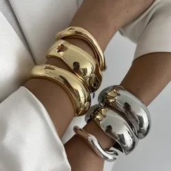 Vintage Wide Cuff Bangles Hip Hop Punk Gold Silver Color Geometric Metal Spring Bangles for Women Bracelets Men Jewelry New
