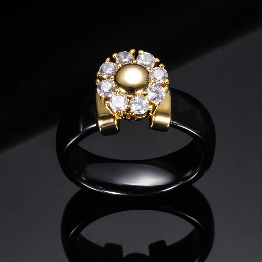 Luxus Sonnenblume Zirkon Keramik Ring Für Frauen Mädchen Titan Stahl Metall Finger Schmuck Zubehör Geschenk Schwarz Weiß Farbe