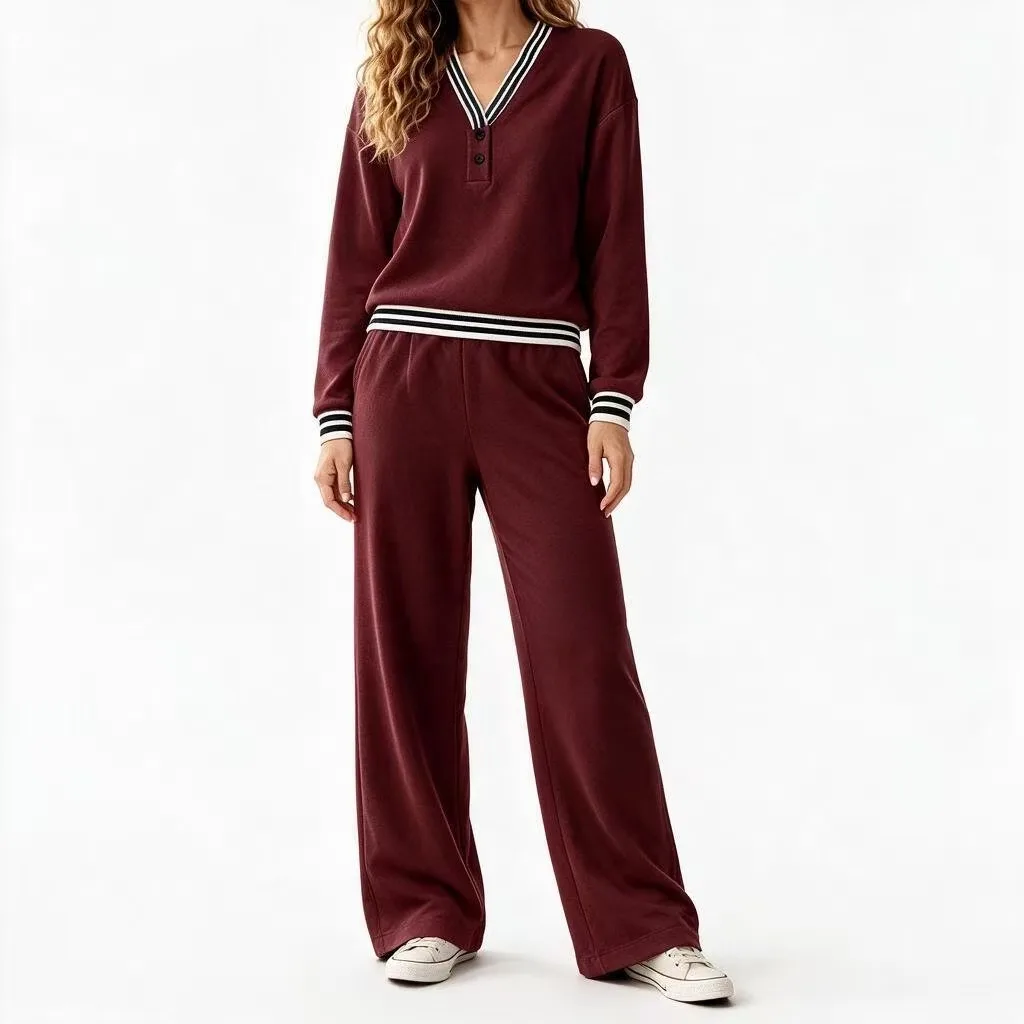 2026 Amazon Cross-Border Damen Herbst/Winter V-Ausschnitt Gestreifter Pullover und Weite Freizeit-Hose für Beine und Oberkörper – Detail 4