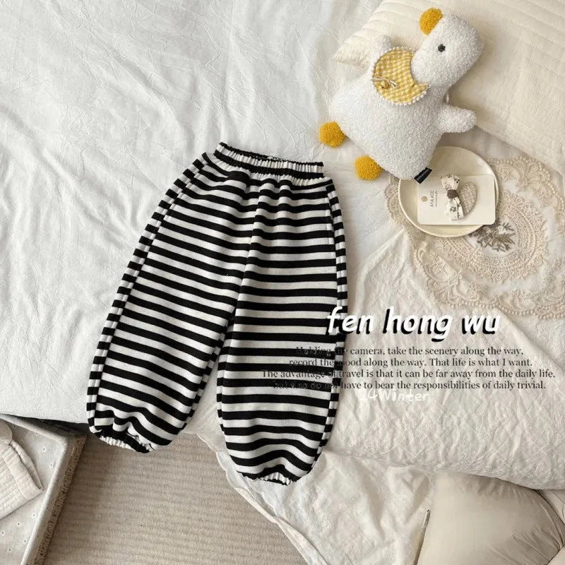 

Girls' Crawler Autumn and Winter Thickened Fleece-lined Korean Striped Ankle Banded Pants Winter Warm Trousers