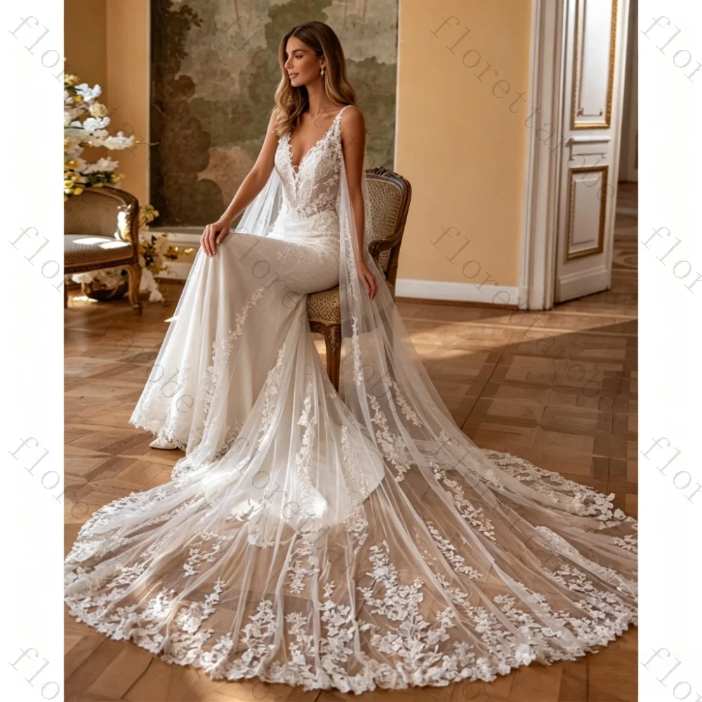 Customzied Sexy Sequined Applique Mermaid Wedding Dresses with Tull Lace Cape Spaghetti Strap V Neck Sleeveless Sweep Bride Gown