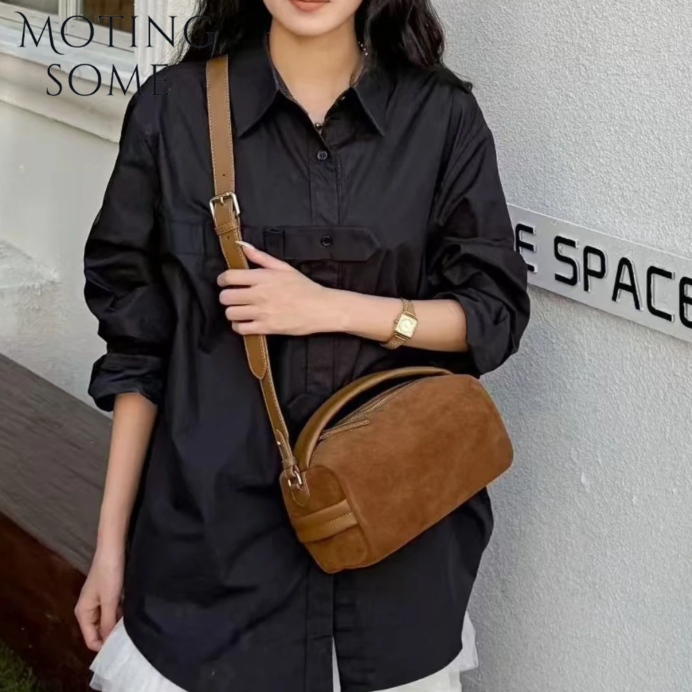 

Motingsome Suede Leather Bag Women Boston Pillow Purse Luxury Women Frosted Leather Handbag Vintage Crossbody Shoulder Tote