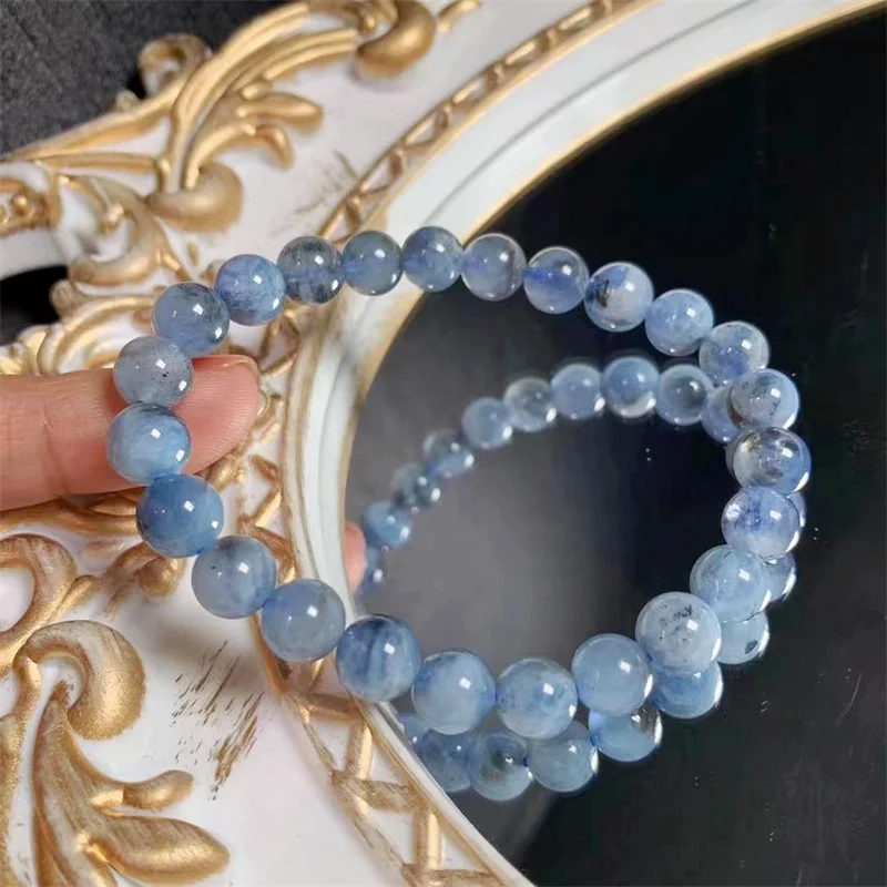 7.5MM Natural Aquamarine Bracelet Women Fashion Round Stone Elegant Healing Strand Bangles Wristband Gift