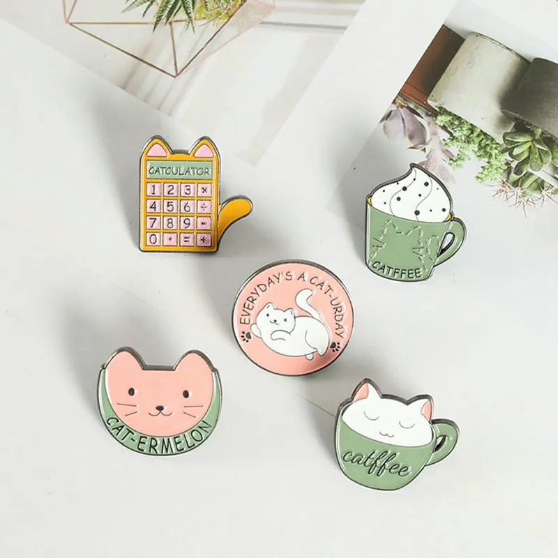 Cup Cat Coffee Ice Cream Enamel Pins Custom Cute Animals Brooch Lapel Badge Bag Cartoon Jewelry Gift for Kid Friend