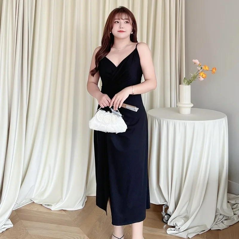 V-neck Knotted Waist Slit Suspender Dress Large Size Temperament Women Fashion Slip Dresses Design Sense Backless Long Skirt