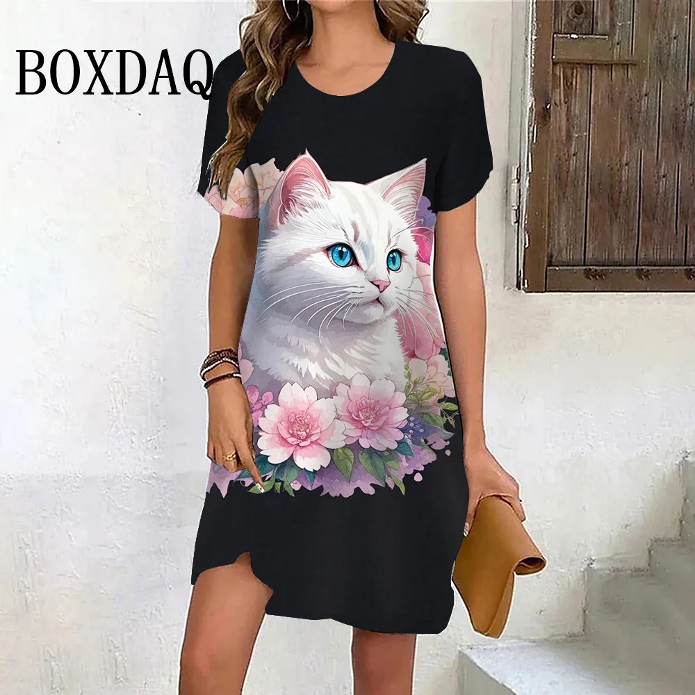 

Summer Cute Cat Flower 3D Print Dress Women Casual Fashion Streetwear Short Sleeve O-Neck Dress Harajuku Plus Size Clothing 6XL