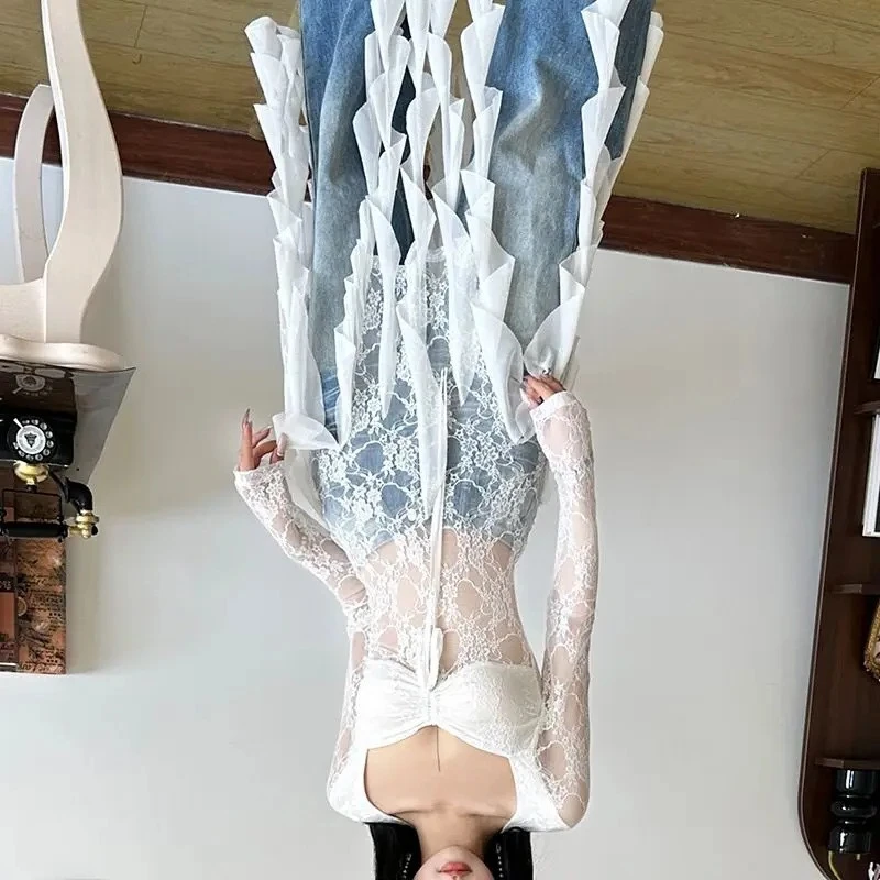 

Top Women's Sheer Lace Ribbons Patchwork Square Neck Long Sleeve T-Shirt Slimming Sexy New Comfortable Casual Minimalist Niche