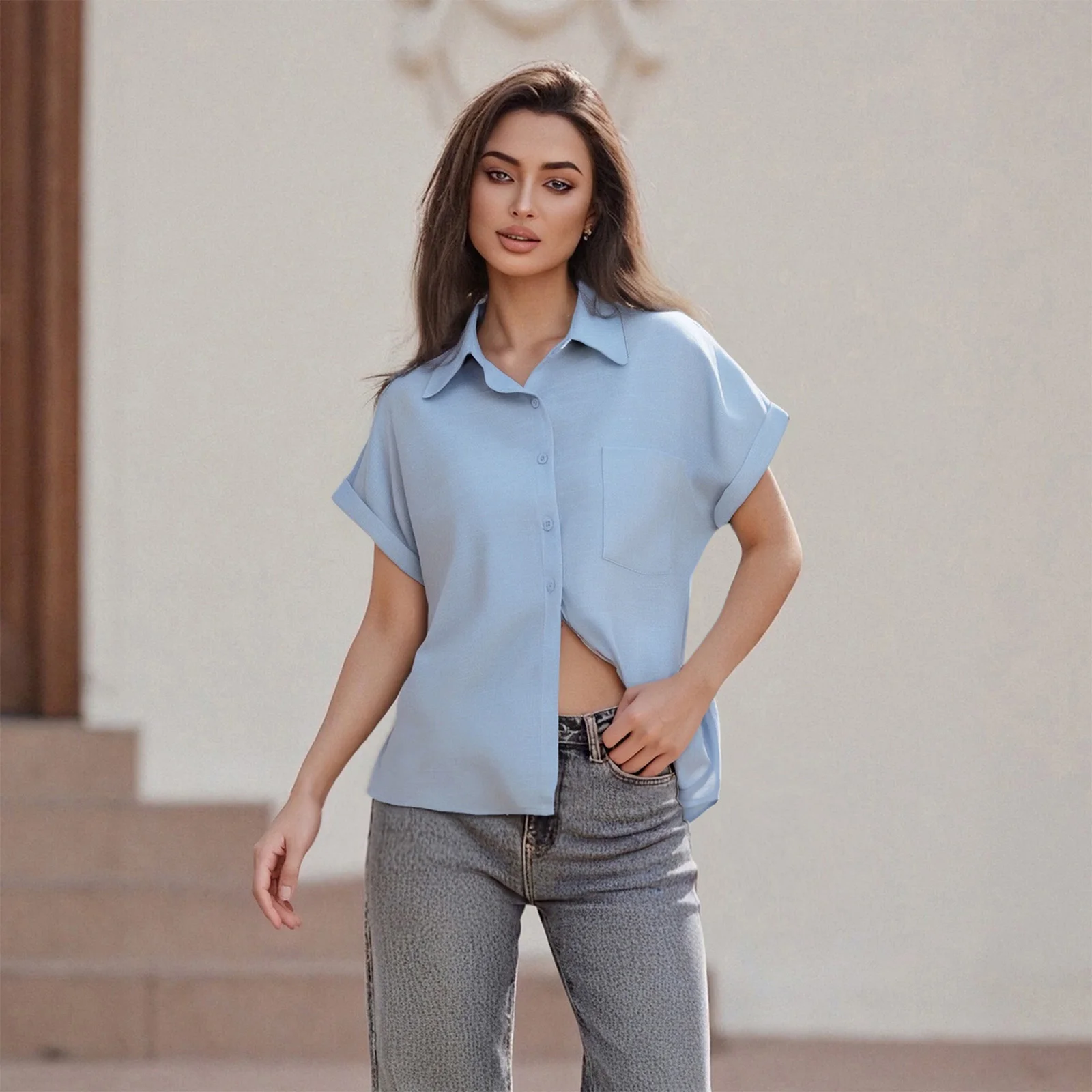 

Women's Summer Loose Cotton Linen Tops Short Sleeve Lapel Button Up Solid Color Shirt with One Pocket