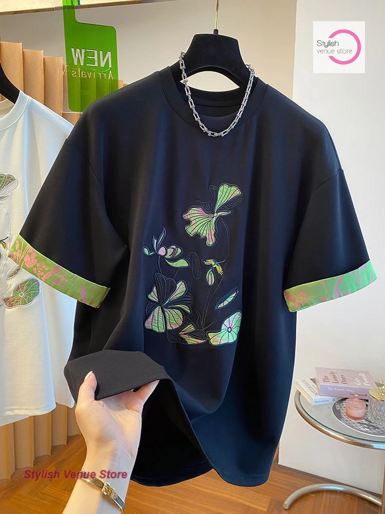 

New Chinese national style embroidered T-shirt women's summer fashion temperament relaxed leisure design feeling slim cotton top