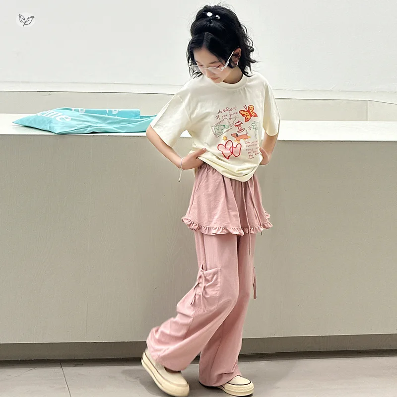 Girls' Sweet Cool Summer Dress Set 2026 New Printed Short Sleeve T-shirt Lace Butt Curtain Work Pants Wide Leg Pants Thin