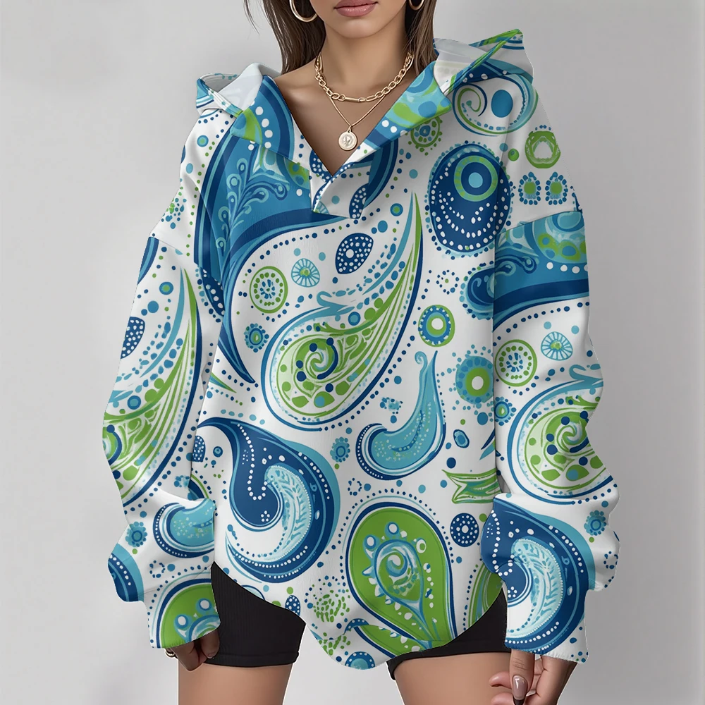 

Женская повседневная толстовка с v-образным вырезом и принтом пейсли, свободная толстовка с длинными рукавами для осенне-зимних повседневных прогулок и богемных видов спорта
