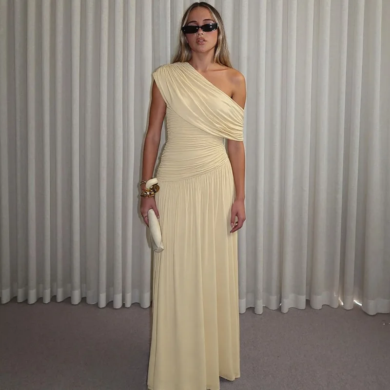 

Elegant Party Long Dress Women Sexy Fishbone Stripes Sleeveless Backless Female Dresses 2025 Summer Pleated Lady Evening Robe