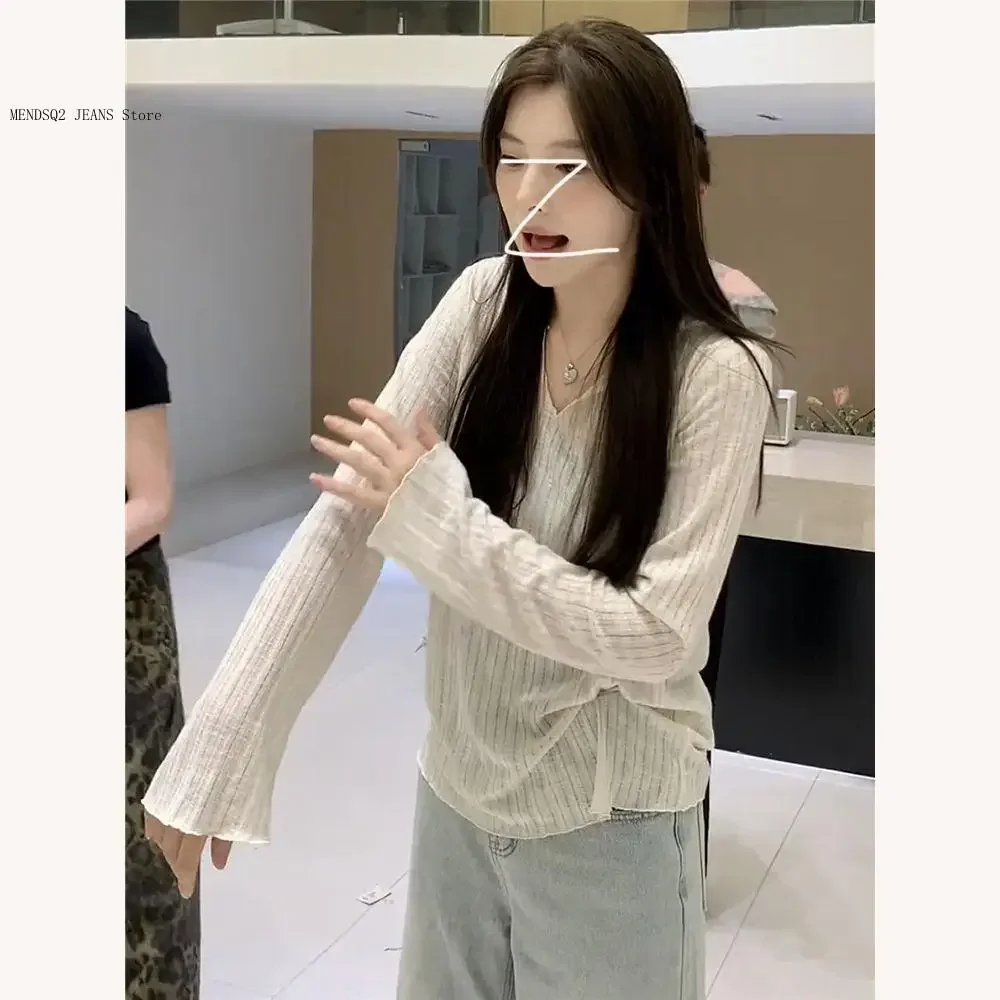 Summer Autumn Loose Casual Slim Fit Sun Protection Versatile Lazy Long Sleeved T-Shirt Thin Cover Shirt V-Neck Tops for Women