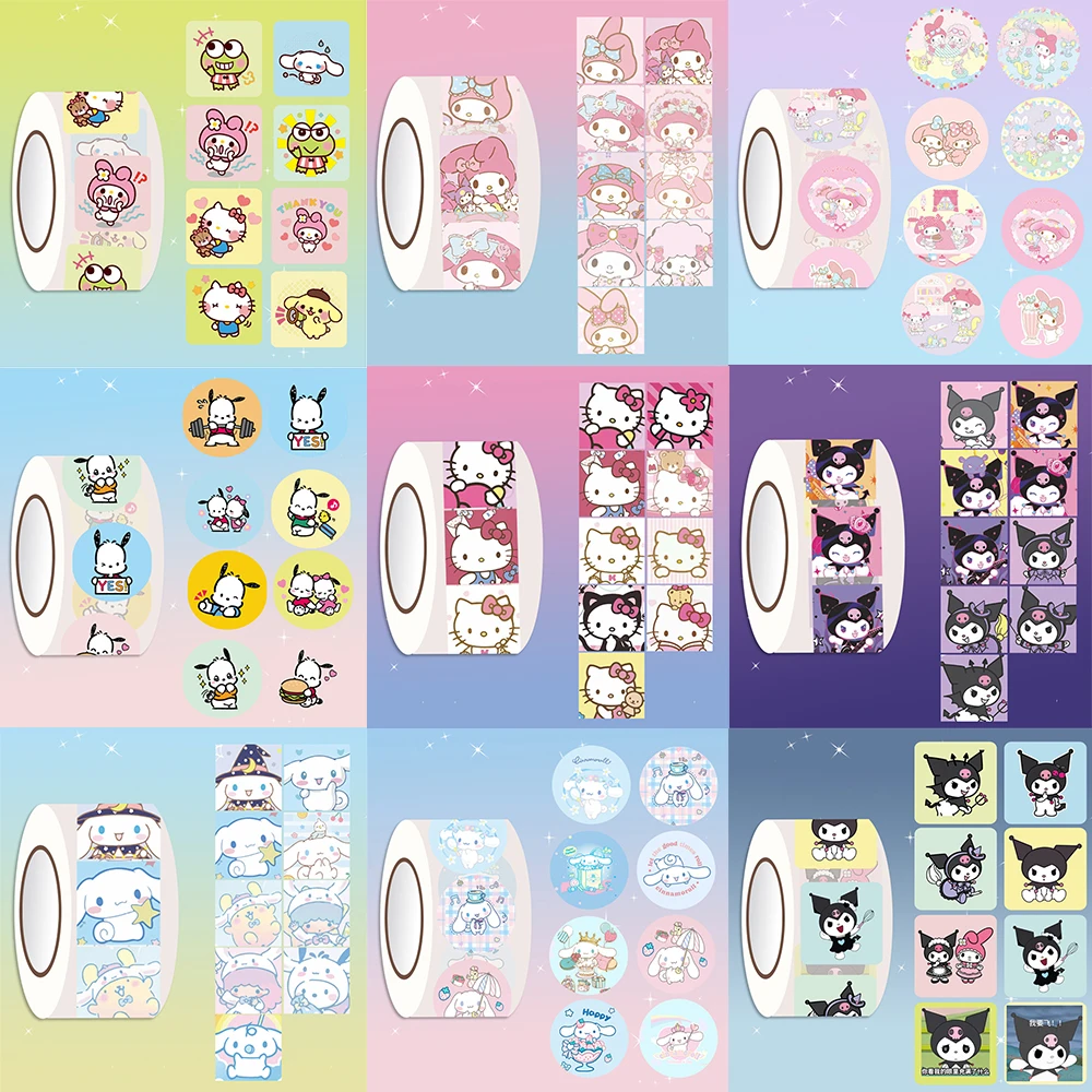 200Pcs/Roll Anime Kuromi My Melody Cinnamoroll Hello Kitty Sticker Sanrio Cartoon Sealing Labels Decal Kawaii Reward Sticker Toy