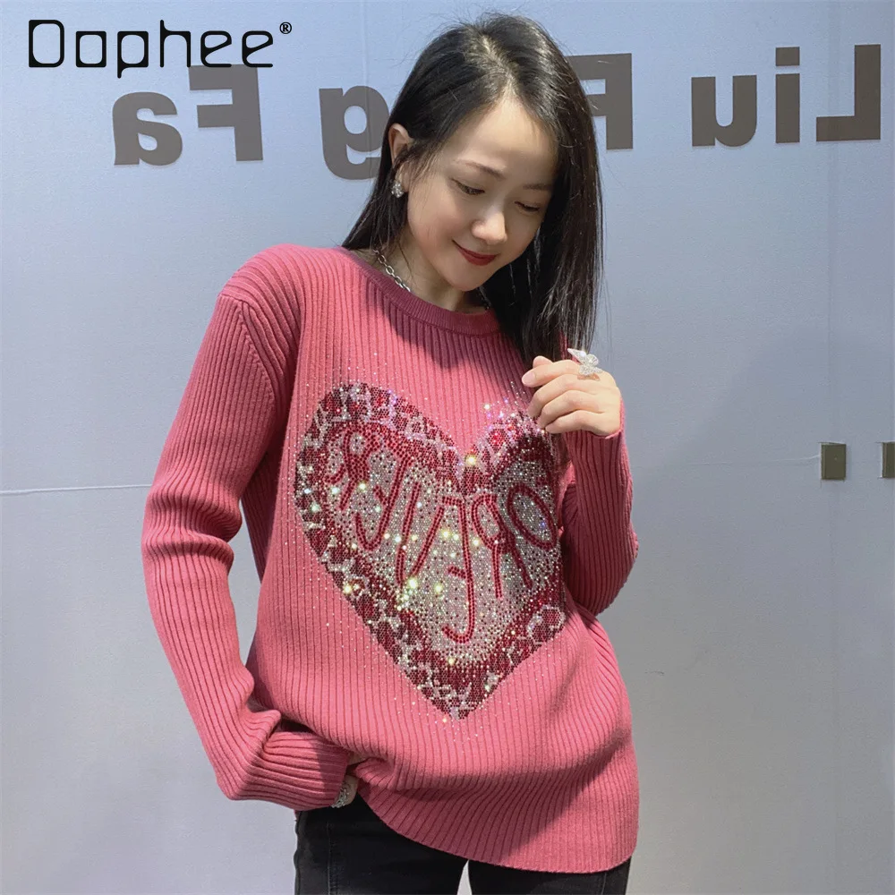 

Fashion Half Turtleneck Knitted Sweater for Women Autumn and Winter Long Sleeve Base Shirt with Rhinestones Short Pullovers