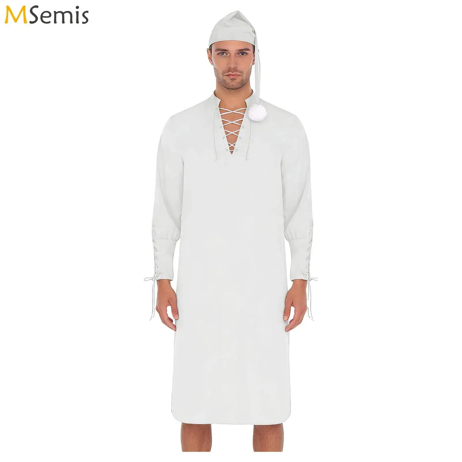 

Мужские пижамы Sissy, ночная рубашка, винтажное платье для сна в стиле Ренессанс со шляпой, на шнуровке, манжеты, свободный халат с длинными рукавами, кимоно, халат