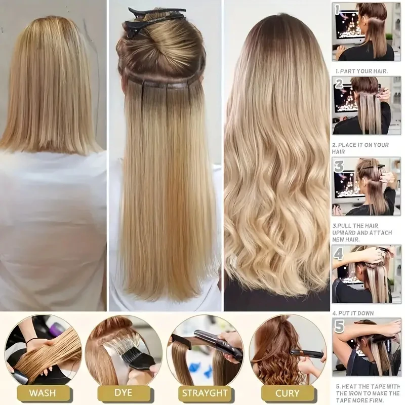 Extensions de Cheveux Lisses 100% Vrais Cheveux Humains, Sans Couture, Trame de Peau, Noir Naturel, #613 #60, Blond