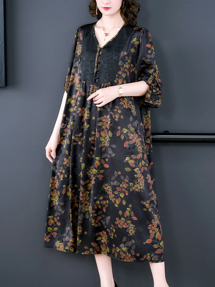 Women Korean Vintage Luxury Party Vestidos Summer Black Print Silk Batwing Sleeve Loose Dress 2024 Fashion Elegant Prom Dresses