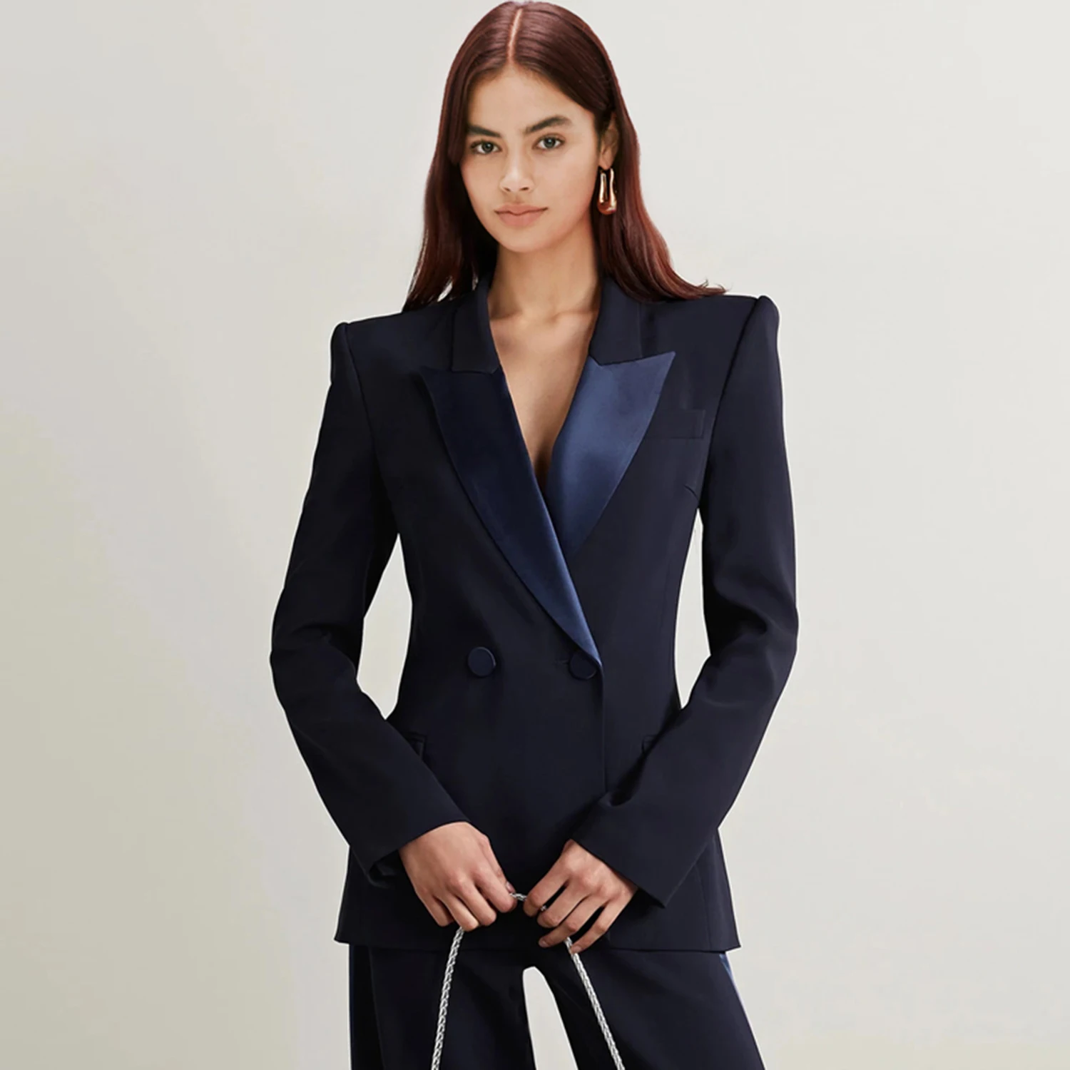Allingentle Deep Blue Lapel Women's 2 Piece Set Business Suit Fashion Wide-Leg Pantsuit Set for Daily Casual Office Customize