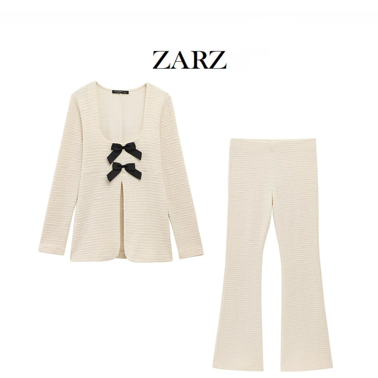 

Casual Coat Top Pants Sets Women O-neck Long Sleeve Bow Button Pullover High Waist Trousers Suits 2 Pieces Female Office Spring