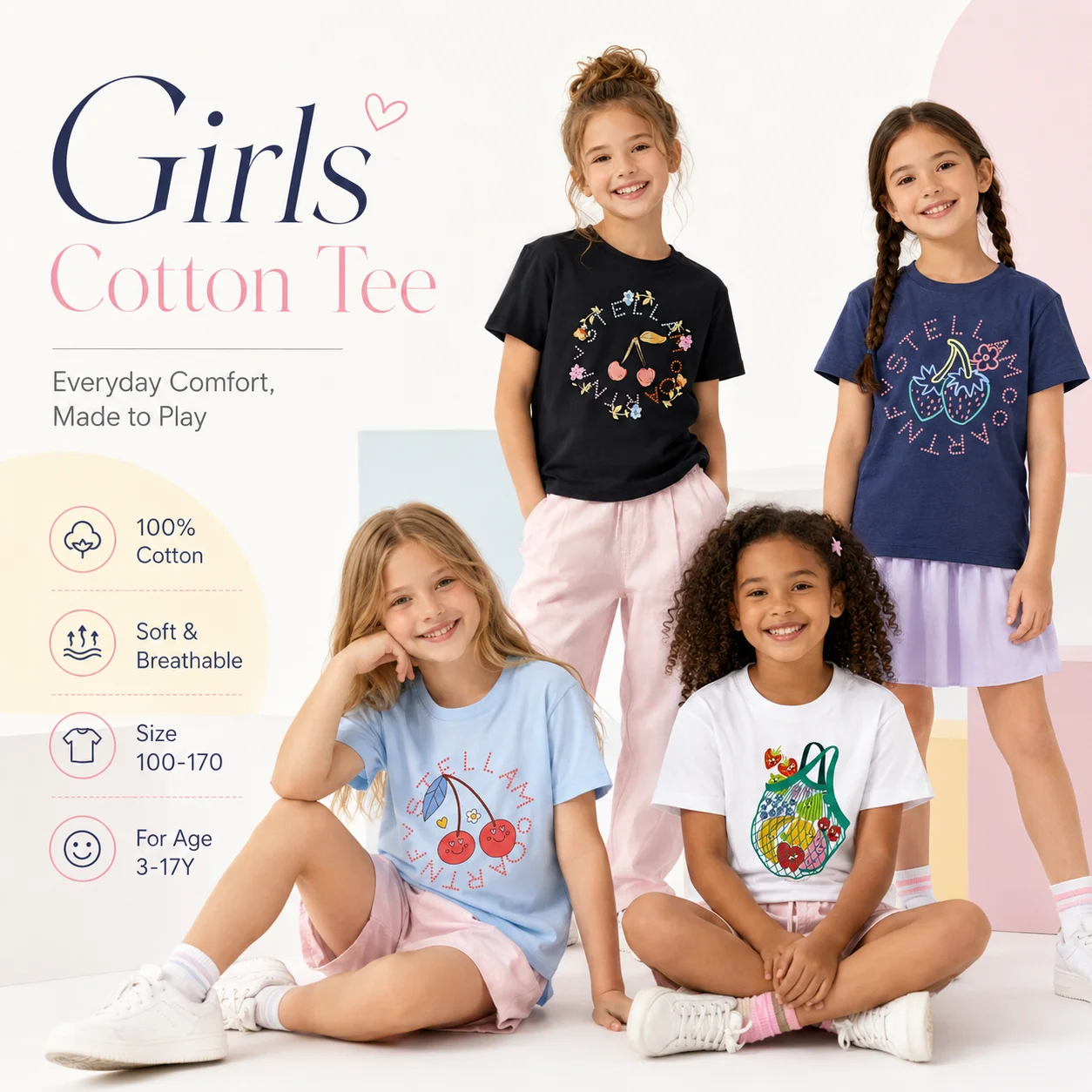 fashion Kids Summer Clothes Cute cherry Tees %100 cotton Vacation casual strawberry flower Children short sleeves Girl's T-shirt