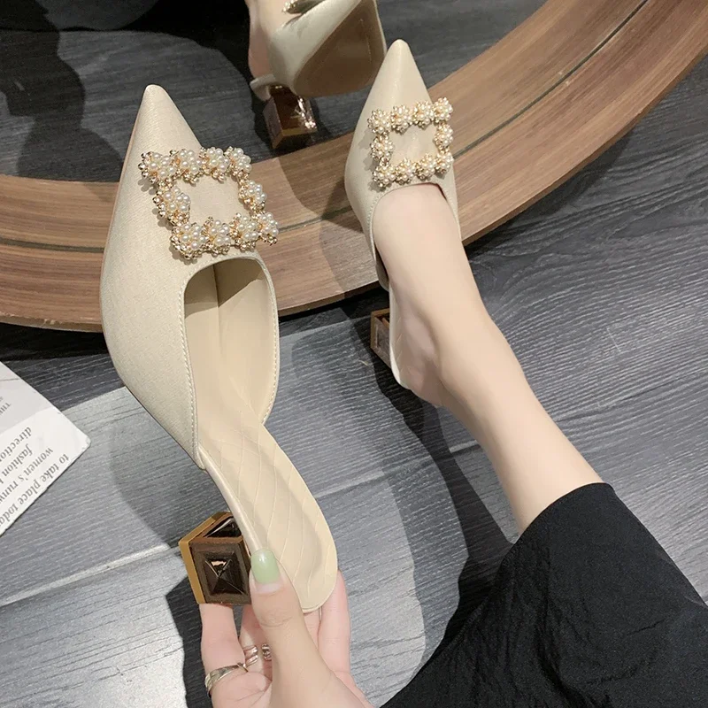 2024 New Beige Heel Sandal Shoes for Women Rhinestone Mid-point Closed Spring Gladiator Girls Casual