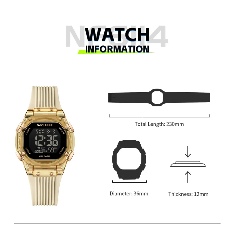 

NAVIFORCE женские многофункциональные часы секундомер силикавый ремешок будильник женские спортивные часы 5ATM водонепроницаемые светодиодные часы NF6114