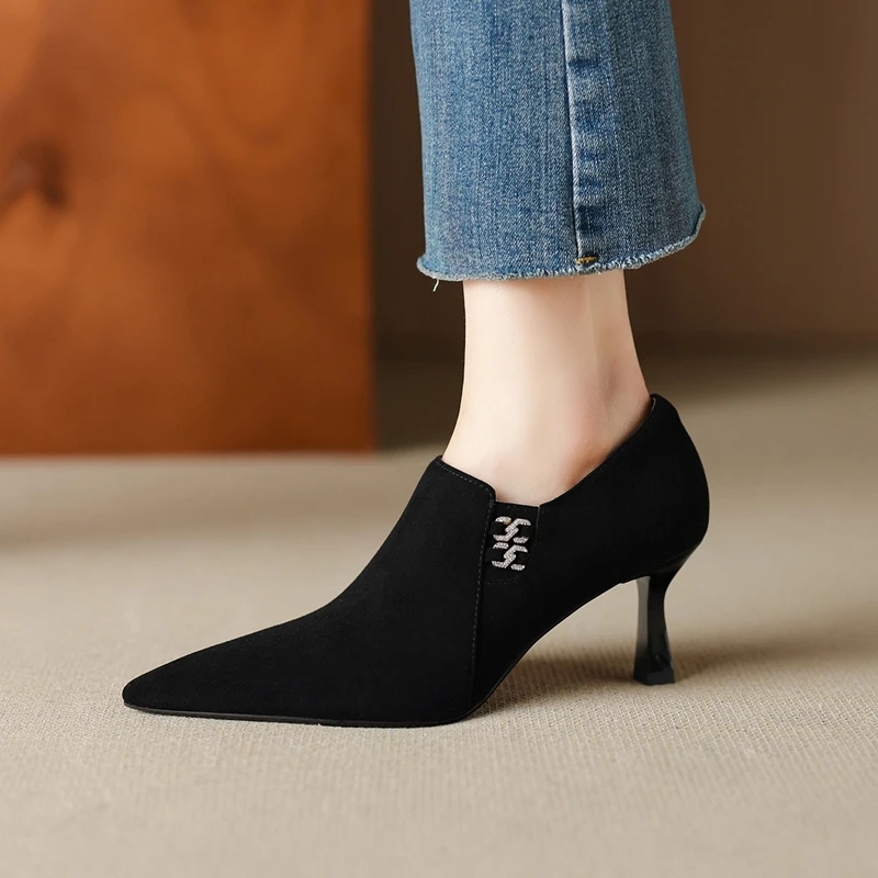 

Women's new spring and autumn genuine leather sheep suede pointed high-heeled zipper single shoes, work shoes, fashion shoes