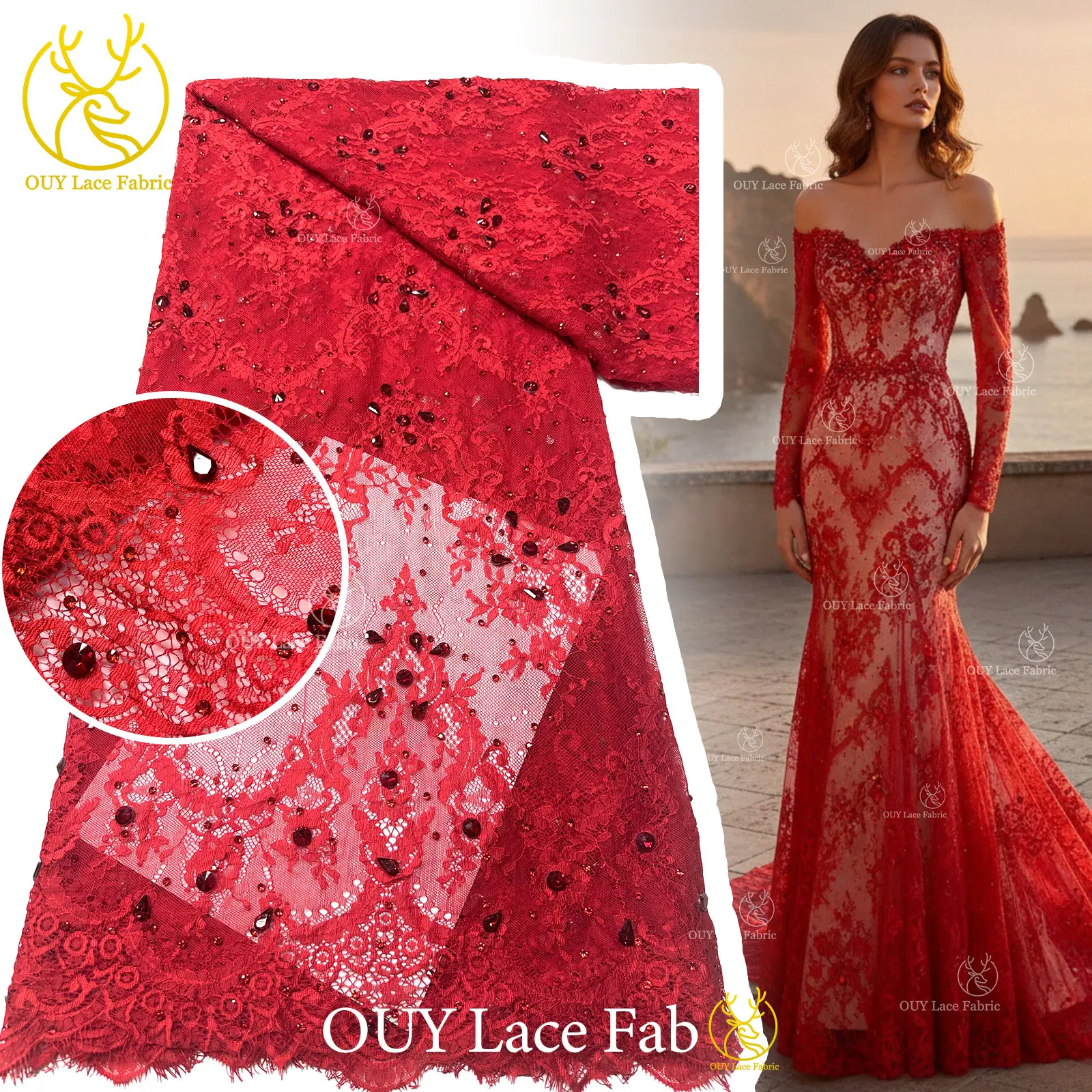 

Red Nigerian Lace Fabric High Quality African Milk Silk Stones Guipure Cord For Women Party Dress DIY Sewing Trim 3 Meters