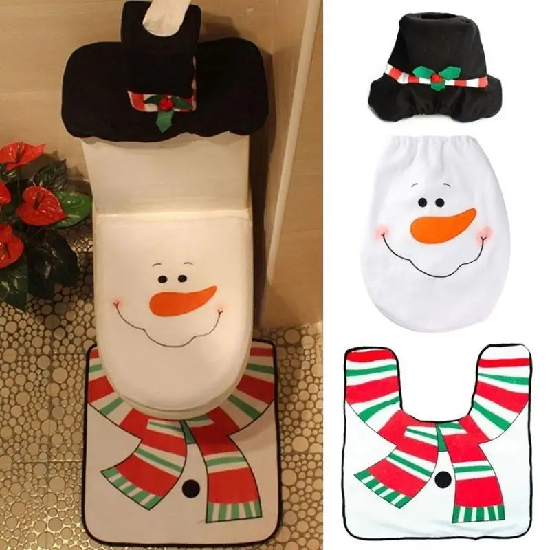 3Pcs Xmas Bathroom Mat Set Christmas Toilet Seat Cover Rug Santa Snowman Holiday Toilet Decor Home Party Decoration Supplies