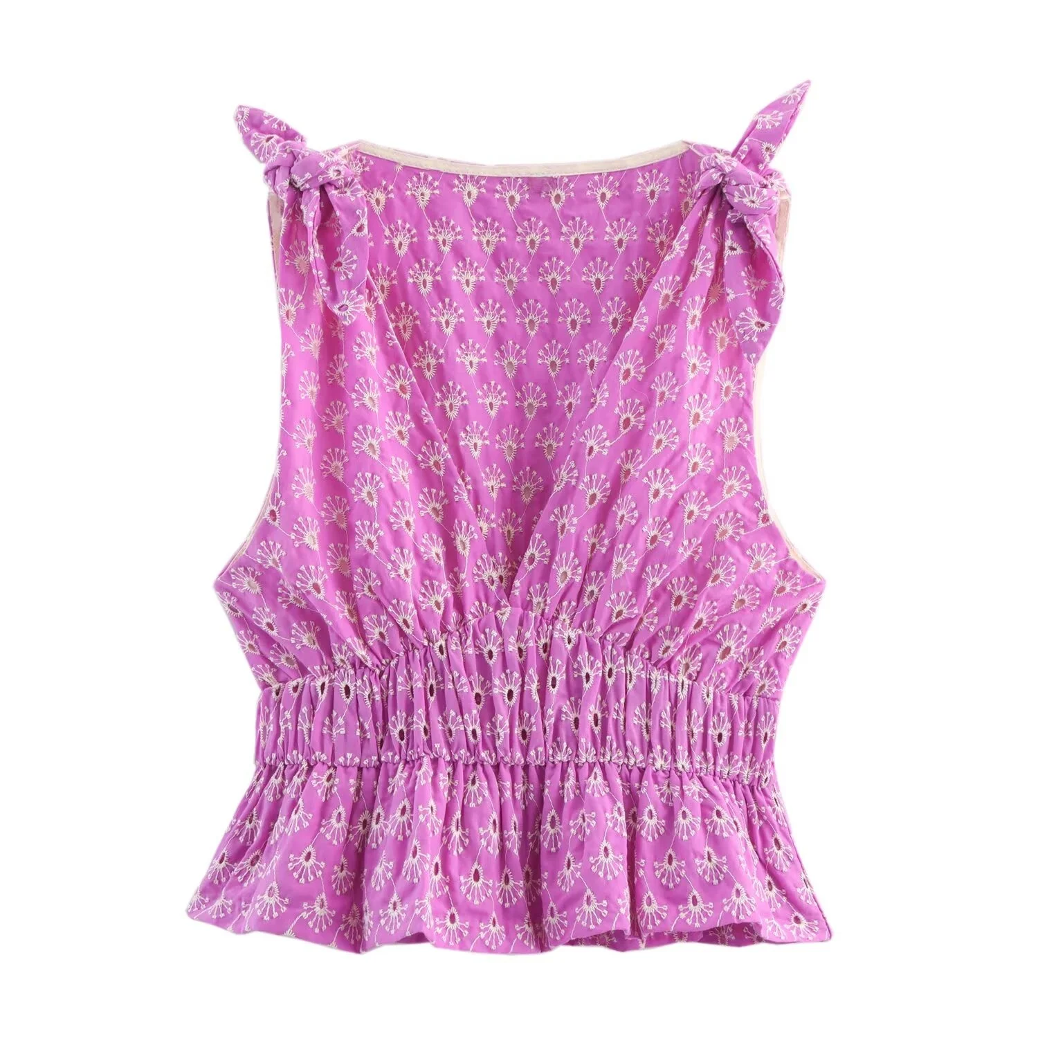 

BSK&TRAF2025 new summer women's casual fashion sweet slim hollow embroidery bow decoration V-neck sleeveless vest top