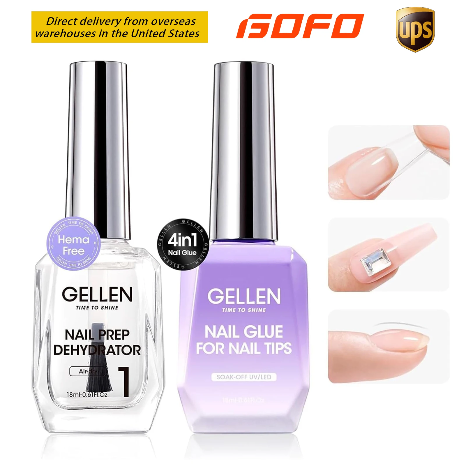 

GELLEN 18ml Nail Glue Gel 4 in 1 Kit Prep Dehydrator for False Acrylic Press on Nails Soak Off LED UV Light Cure