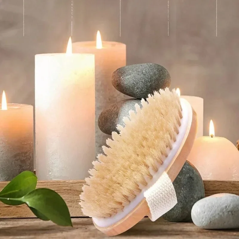 SPA-Grade Natural Bristle Body Brush Scrubber for Men & Women, Dry and Wet Exfoliating Massage, Stimulates Blood Circulation