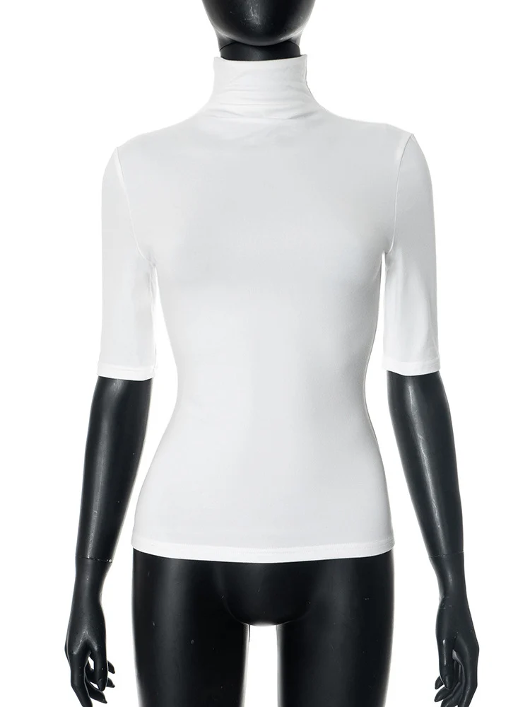 Damen Rollkragenpullover mit Halben Ärmeln, Figurbetontes Strick-Oberteil, Einfarbig, Dehnbar, Basis-Layering-Shirt für Büro und Alltag – Detail 15