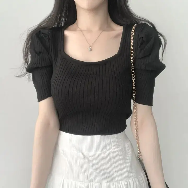 

Chic Summer Women's Knitted Sweater Tight Bubble Sve Square Collarbone Exposure ort Sve Sweater Sli Polyester Fiber